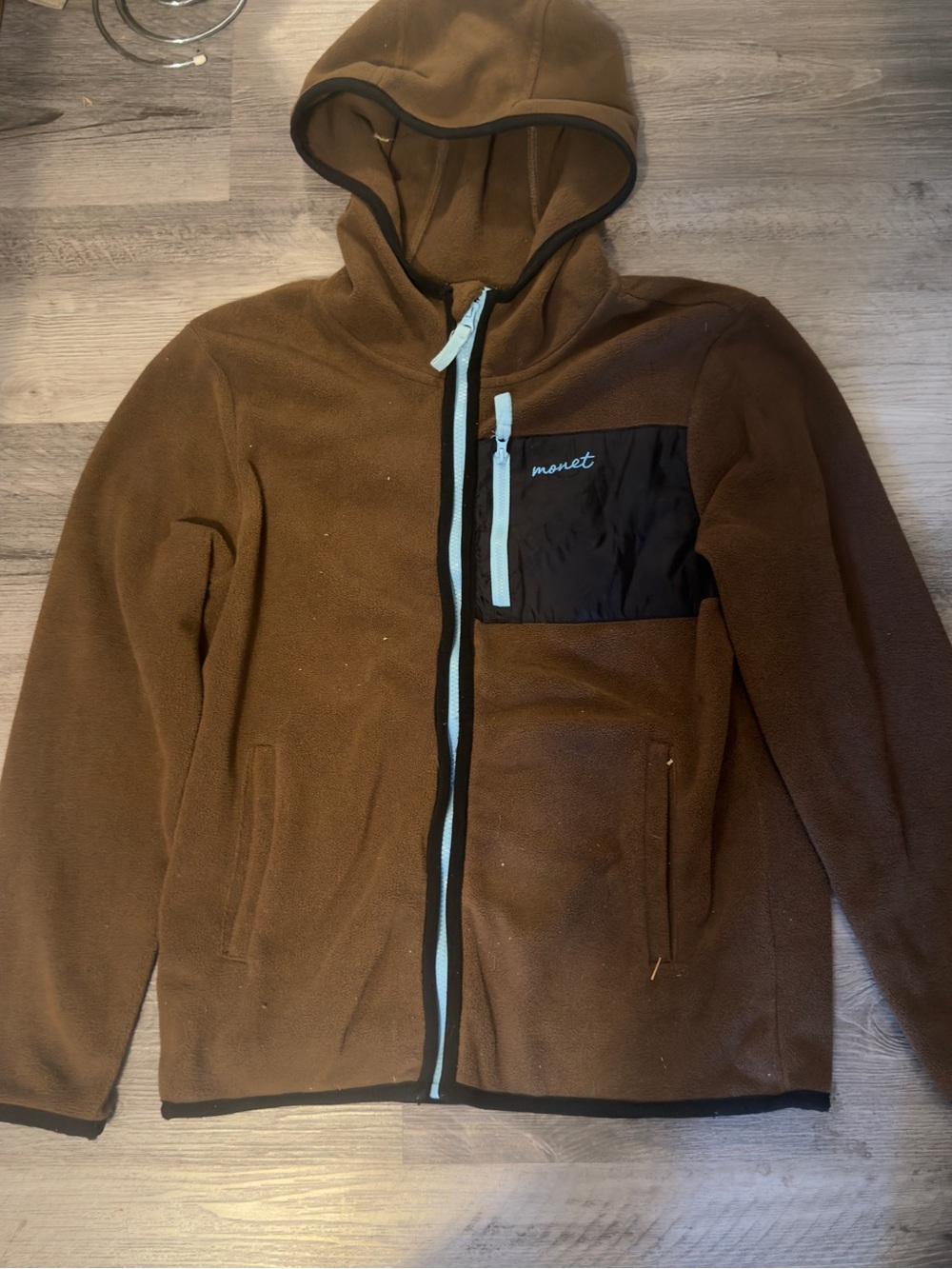 Monet Brown Hooded Fleece Jacket with Black Chest Panel and Light Blue Trim